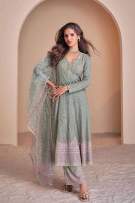Grey embroidery & sequins work georgette anarkali palazzo suit - free size stitched (size upto 42") 1