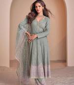 Grey embroidery & sequins work georgette anarkali palazzo suit - free size stitched (size upto 42")
