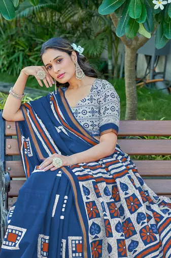 Blue mulmul cotton printed zari border saree with unstitched blouse piece