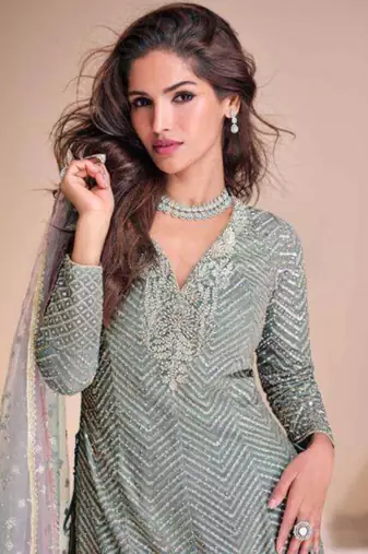 Grey embroidery & sequins work georgette anarkali palazzo suit - free size stitched (size upto 42")