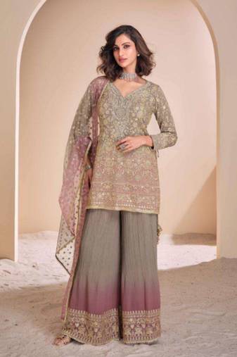 Fawn embroidery & sequins work georgette straight palazzo suit - free size stitched (size upto 42")