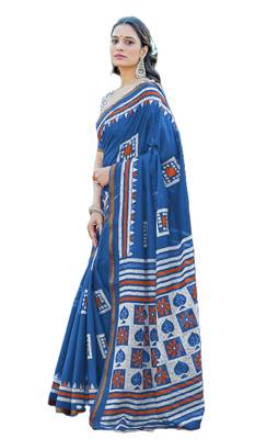 Blue mulmul cotton printed zari border saree with unstitched blouse piece 4