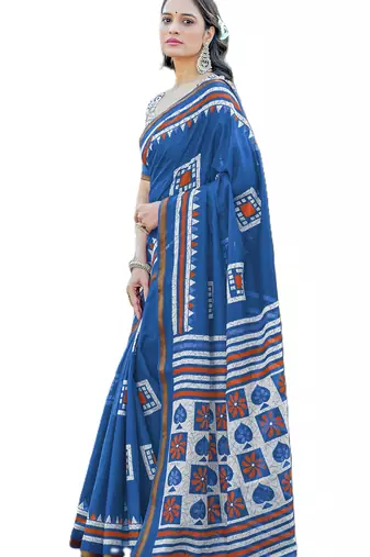 Blue mulmul cotton printed zari border saree with unstitched blouse piece