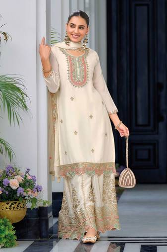 Off white embroidery & sequins work chinnon straight palazzo suit - free size stitched (size upto 42")