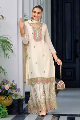Off white embroidery & sequins work chinnon straight palazzo suit - free size stitched (size upto 42")