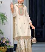 Off white embroidery & sequins work chinnon straight palazzo suit - free size stitched (size upto 42")