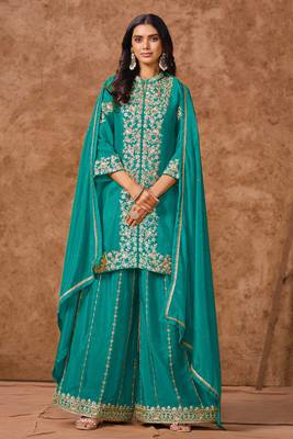 Turquoise blue embroidery,sequins & zari work chinon silk straight palazzo suit-free size stitched (size upto 42") 1