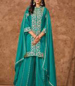 Turquoise blue embroidery,sequins & zari work chinon silk straight palazzo suit-free size stitched (size upto 42")