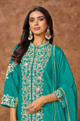 Turquoise blue embroidery,sequins & zari work chinon silk straight palazzo suit-free size stitched (size upto 42")