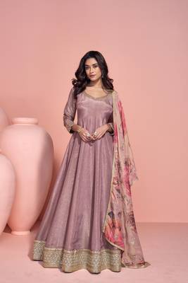 Rose pink embroidery, sequins & printed dupatta work simar silk gown suit-free size stitched (size upto 42") 1