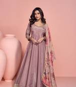 Rose pink embroidery, sequins & printed dupatta work simar silk gown suit-free size stitched (size upto 42")