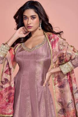 Rose pink embroidery, sequins & printed dupatta work simar silk gown suit-free size stitched (size upto 42") 2