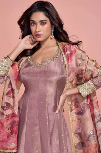 Rose pink embroidery, sequins & printed dupatta work simar silk gown suit-free size stitched (size upto 42")