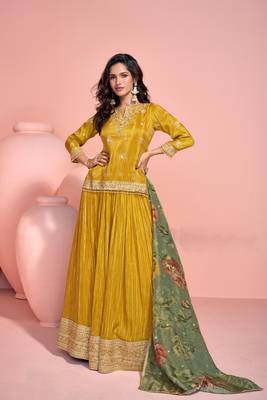 Yellow embroidery sequins & printed dupatta work simar silk straight suit-free size stitched (size upto 42") 1