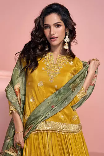 Yellow embroidery sequins & printed dupatta work simar silk straight suit-free size stitched (size upto 42")