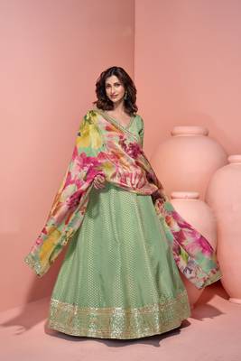 Pista green embroidery, sequins & printed dupatta work simar silk gown suit-free size stitched (size upto 42") 1
