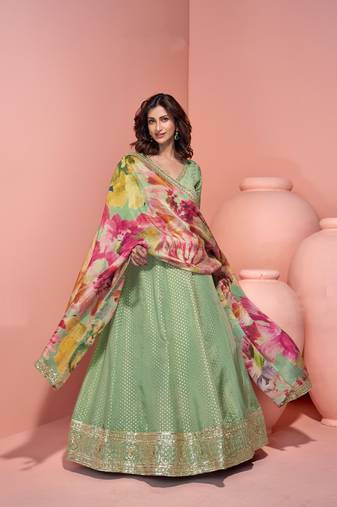 Pista green embroidery, sequins & printed dupatta work simar silk gown suit-free size stitched (size upto 42")