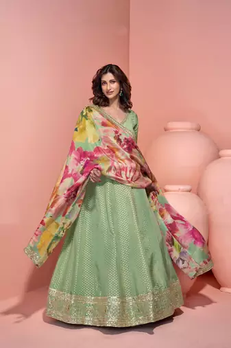 Pista green embroidery, sequins & printed dupatta work simar silk gown suit-free size stitched (size upto 42")
