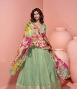 Pista green embroidery, sequins & printed dupatta work simar silk gown suit-free size stitched (size upto 42")