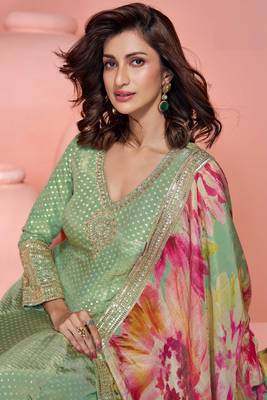Pista green embroidery, sequins & printed dupatta work simar silk gown suit-free size stitched (size upto 42") 2