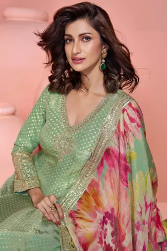 Pista green embroidery, sequins & printed dupatta work simar silk gown suit-free size stitched (size upto 42")