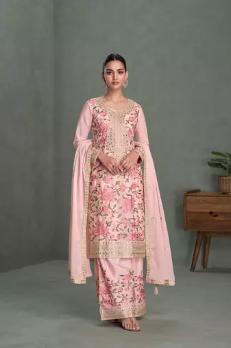 Light pink embroidery, sequins & mirror work chinon silk straight palazzo suit-free size stitched (size upto 42")