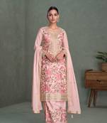 Light pink embroidery, sequins & mirror work chinon silk straight palazzo suit-free size stitched (size upto 42")