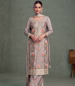 Purple embroidery, sequins & mirror work chinon silk straight palazzo suit-free size stitched (size upto 42")