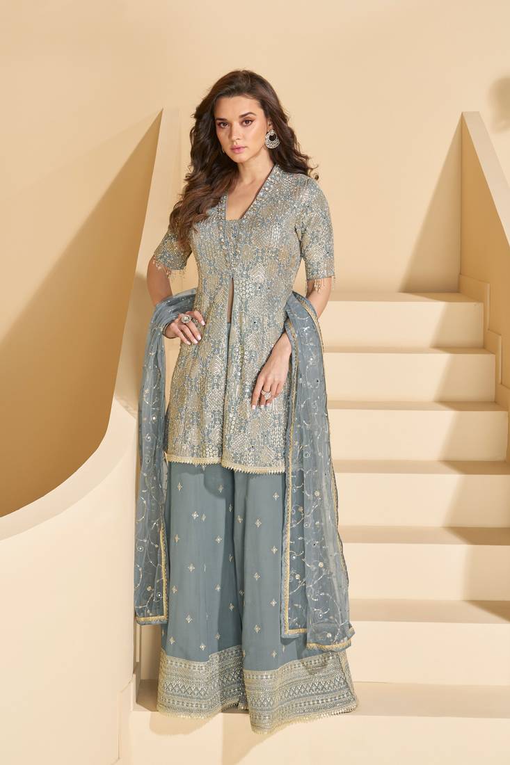 Blue zari embroidery, sequins, mirror & stoner work gerogette anarkali palazzo suit-free size stitched (size upto 42")