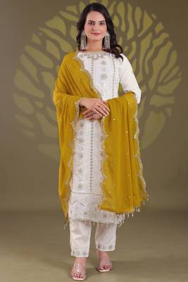 Off white zari embroidery, sequins & beads work gerogette straight pant suit-free size stitched (size upto 42") 1