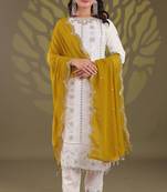 Off white zari embroidery, sequins & beads work gerogette straight pant suit-free size stitched (size upto 42")