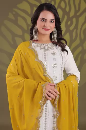 Off white zari embroidery, sequins & beads work gerogette straight pant suit-free size stitched (size upto 42")