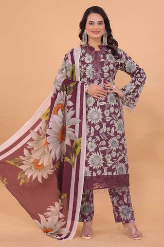Purple lace patti beads & floral printed work cotton straight pant suit-free size stitched (size upto 42")