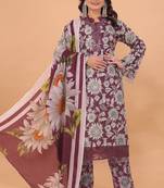 Purple lace patti beads & floral printed work cotton straight pant suit-free size stitched (size upto 42")