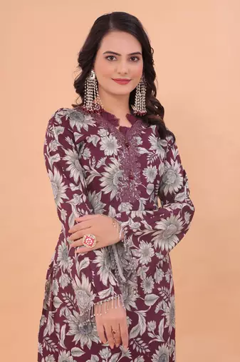 Purple lace patti beads & floral printed work cotton straight pant suit-free size stitched (size upto 42")