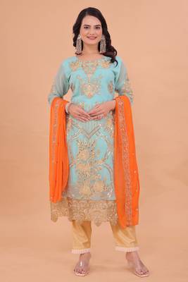 Turquoise blue zari embroidery & sequins work gerogette straight pant suit-free size stitched (size upto 42") 1