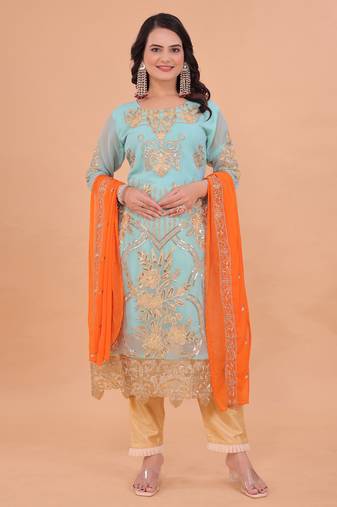 Turquoise blue zari embroidery & sequins work gerogette straight pant suit-free size stitched (size upto 42")