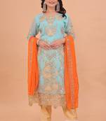 Turquoise blue zari embroidery & sequins work gerogette straight pant suit-free size stitched (size upto 42")