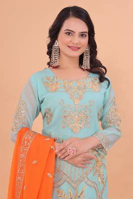 Turquoise blue zari embroidery & sequins work gerogette straight pant suit-free size stitched (size upto 42") 2