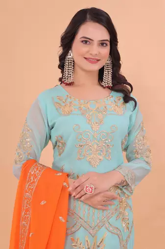Turquoise blue zari embroidery & sequins work gerogette straight pant suit-free size stitched (size upto 42")