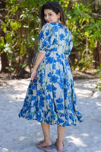 Blue & White Digital Print Rayon Kurti