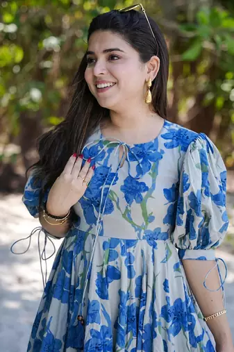 Blue & White Digital Print Rayon Kurti