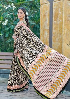 Black mulmul cotton printed zari border saree with unstitched blouse piece 1