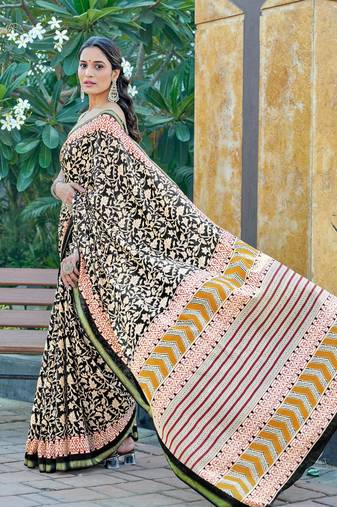 Black mulmul cotton printed zari border saree with unstitched blouse piece