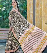 Black mulmul cotton printed zari border saree with unstitched blouse piece