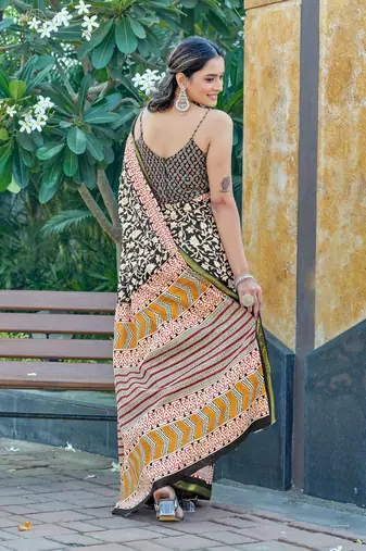 Black mulmul cotton printed zari border saree with unstitched blouse piece