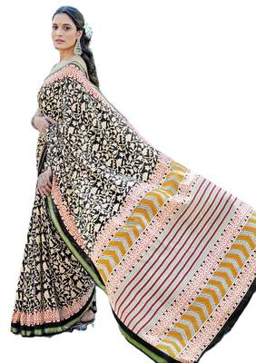 Black mulmul cotton printed zari border saree with unstitched blouse piece 4