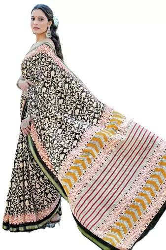 Black mulmul cotton printed zari border saree with unstitched blouse piece