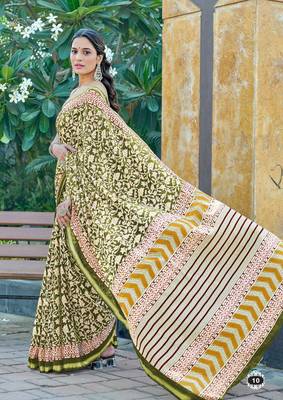 Green mulmul cotton printed zari border saree with unstitched blouse piece 1