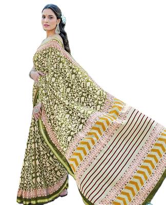 Green mulmul cotton printed zari border saree with unstitched blouse piece 4